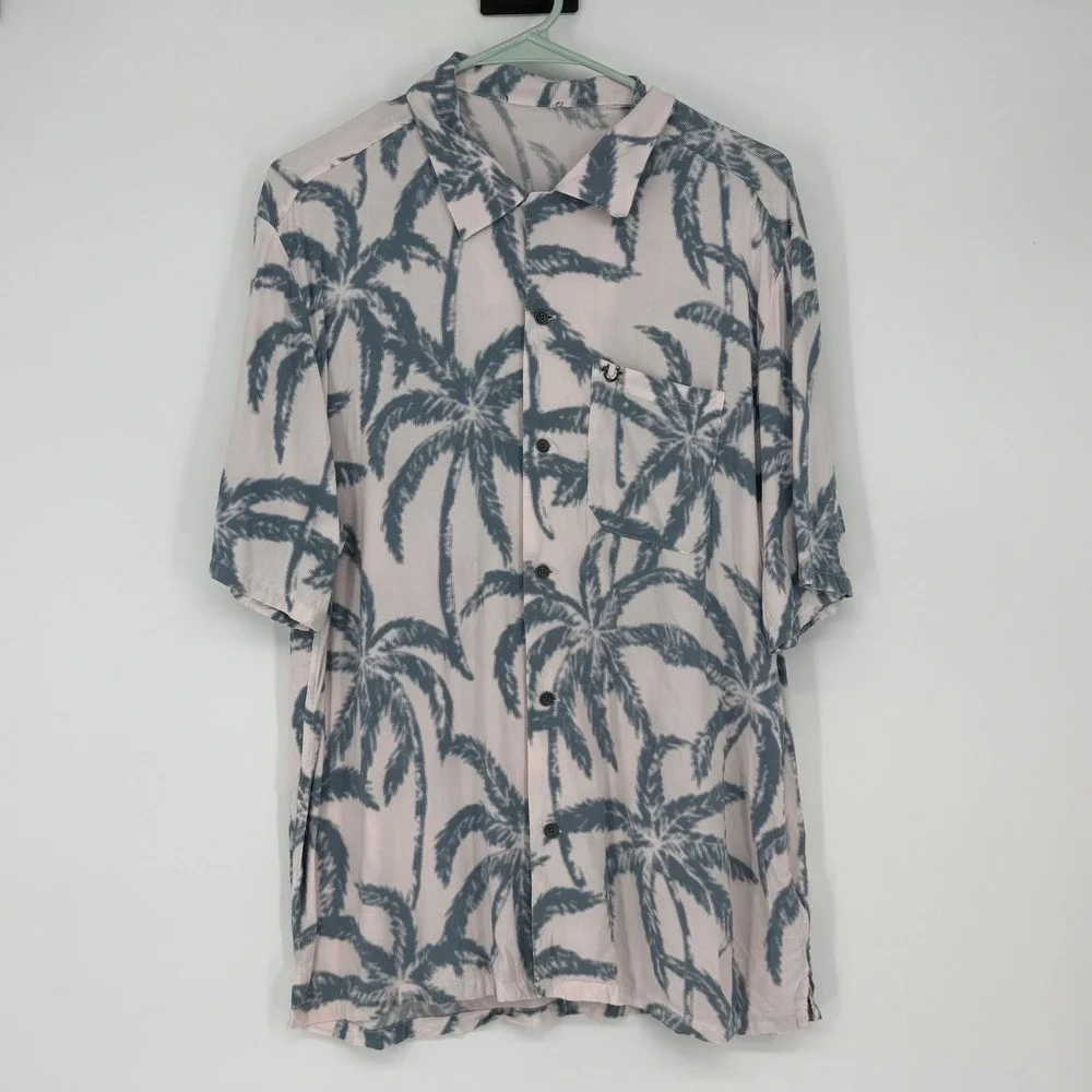 True Religion Mens Palm Tree Print Camp Collar Short Sleeve Shirt White Blue